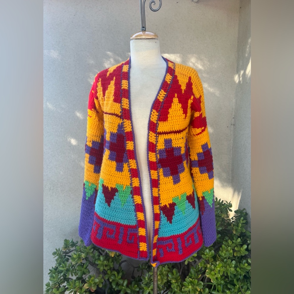 Vintage boho crochet cardigan bold colors S/M hand knit
